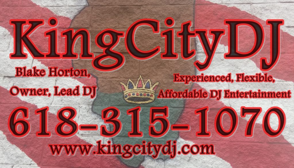 king, city, dj, mount vernon, illinois, music, wedding, blake, horton, affordable, entertainment, experienced, kingcitydj, phone, number, business, card, mural, crown, flag, website,  